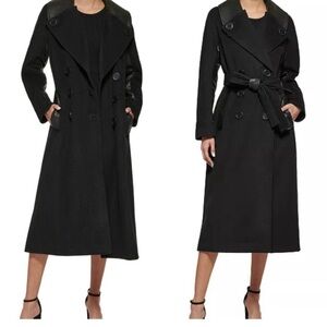DKNY Double-Breasted Wool Coat w/ Faux Leather Accents – Black – Size M
